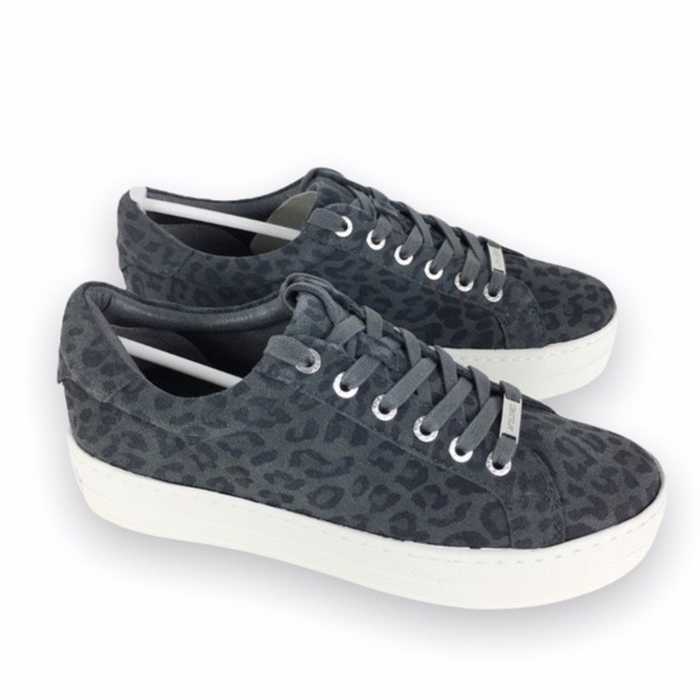 JSlides Womens Size 7 Gray Suede Leather Leopard‎ Print Platform Sneakers Shoes